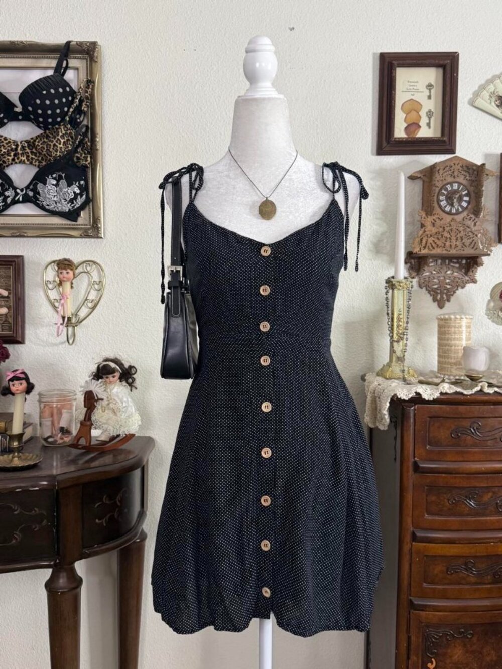 Girly grunge whimsical romantic twee polkadot button down mini dress